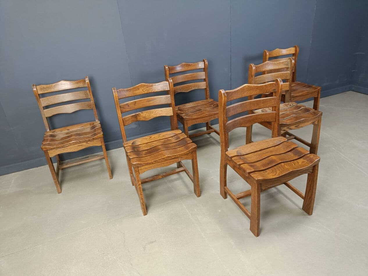 Set of five brutalist chairs, brown wood, Belgium, 1960s. - 272106