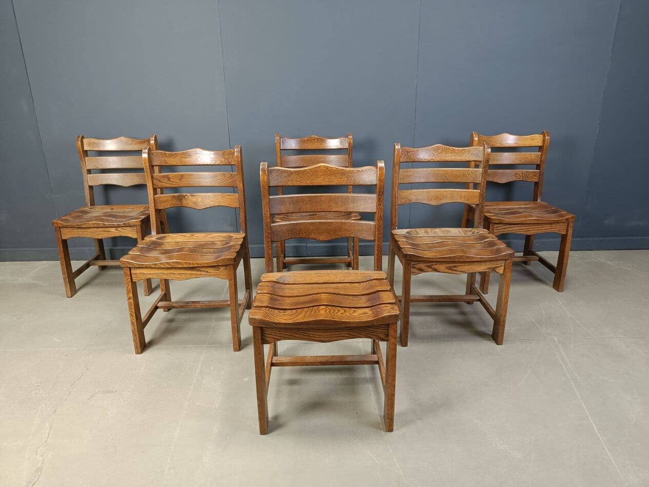 Set of five brutalist chairs, brown wood, Belgium, 1960s. - 272109