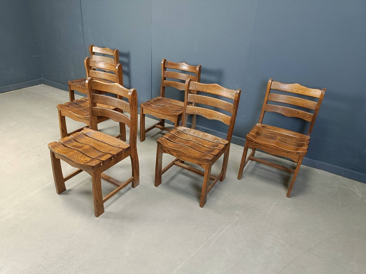 Set of five brutalist chairs, brown wood, Belgium, 1960s. - 272105