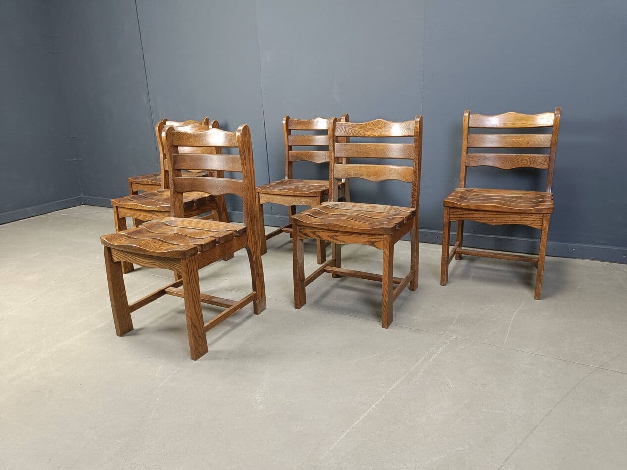 Set of five brutalist chairs, brown wood, Belgium, 1960s. - 272104