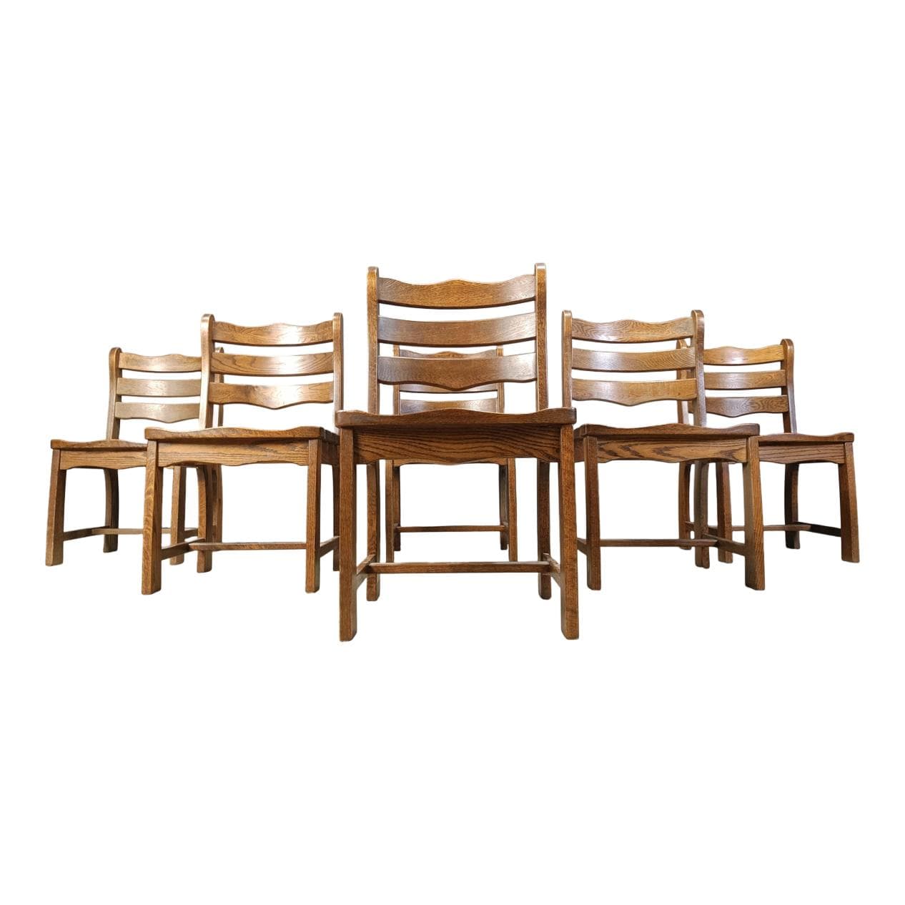 Set of five brutalist chairs, brown wood, Belgium, 1960s.