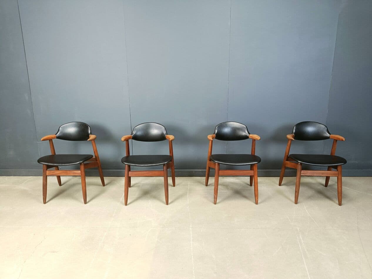 Set of four Cow Horn dining chairs, brown teak, black leatherette, Netherlands, 1960s. - 272073
