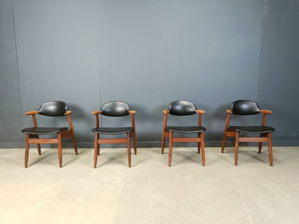 Set of four Cow Horn dining chairs, brown teak, black leatherette, Netherlands, 1960s. - 272072