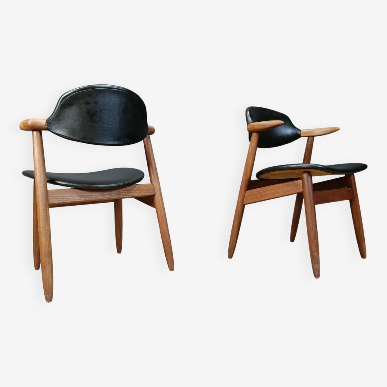 Set of four Cow Horn dining chairs, brown teak, black leatherette, Netherlands, 1960s. - 272071