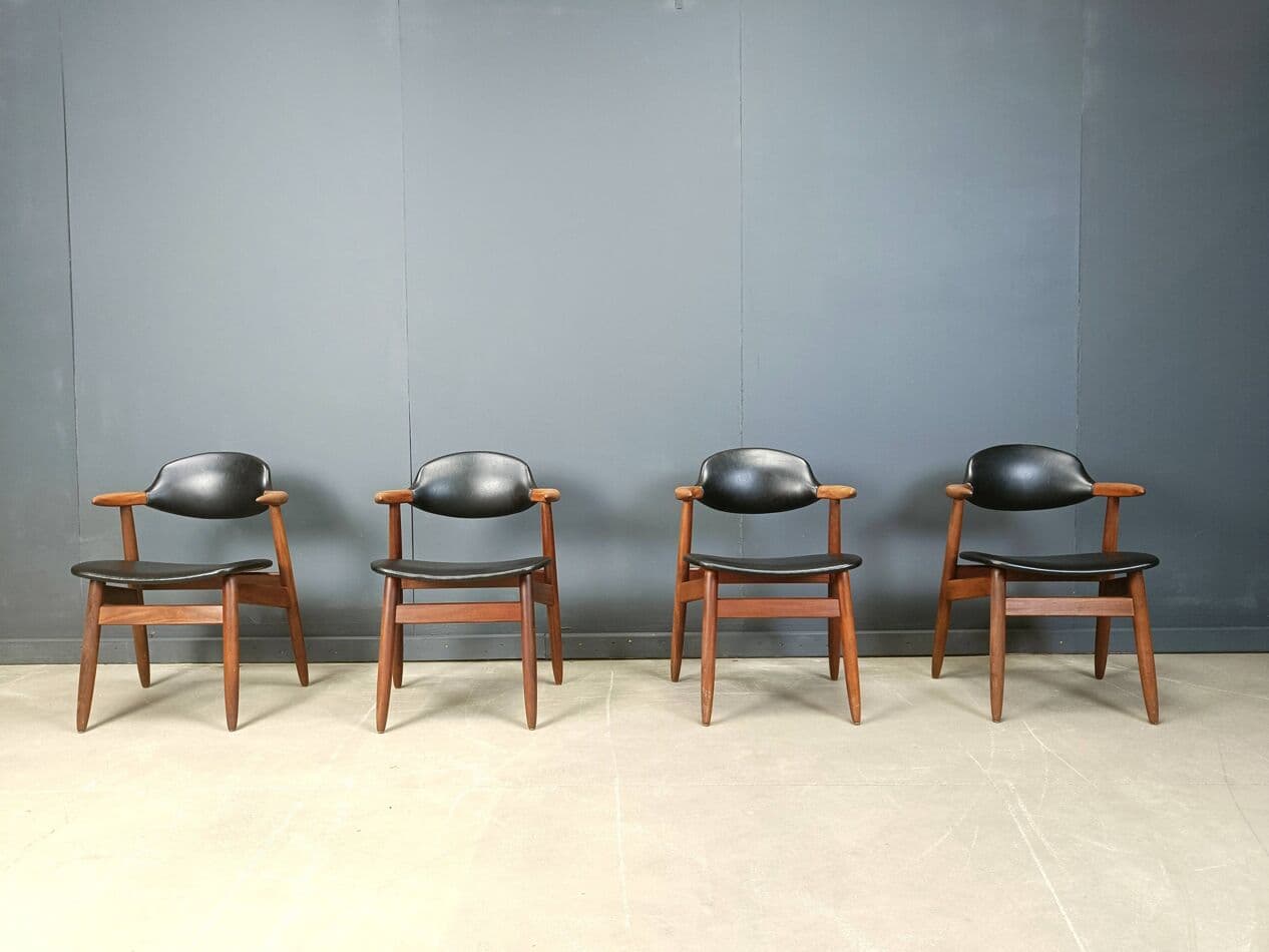 Set of four Cow Horn dining chairs, brown teak, black leatherette, Netherlands, 1960s. - 272083