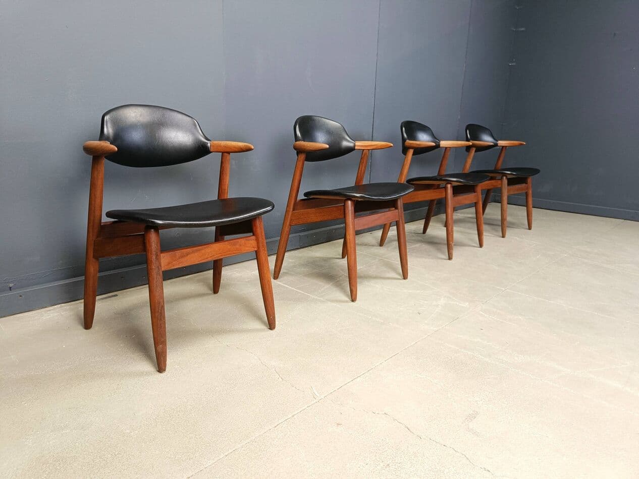 Set of four Cow Horn dining chairs, brown teak, black leatherette, Netherlands, 1960s. - 272081