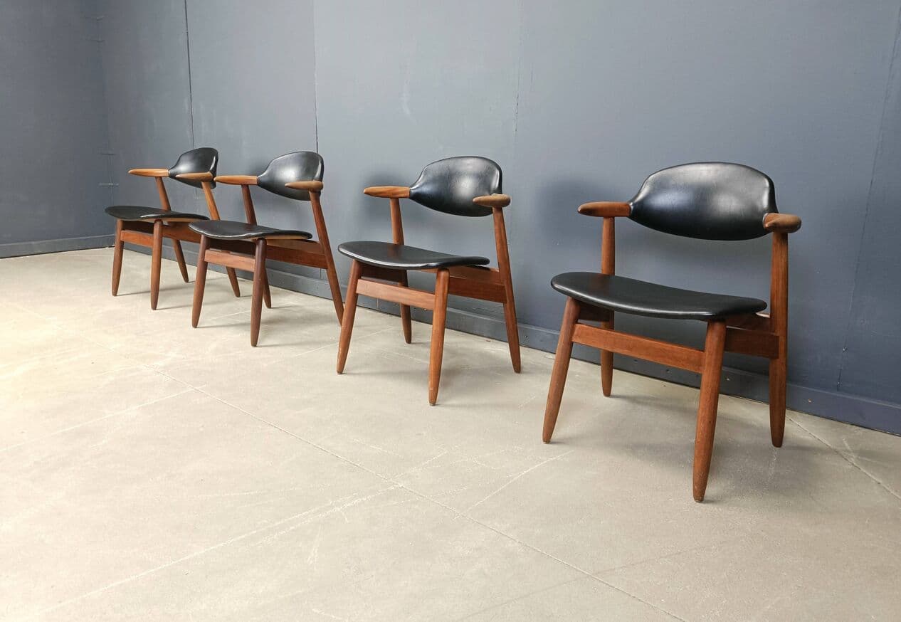 Set of four Cow Horn dining chairs, brown teak, black leatherette, Netherlands, 1960s. - 272082