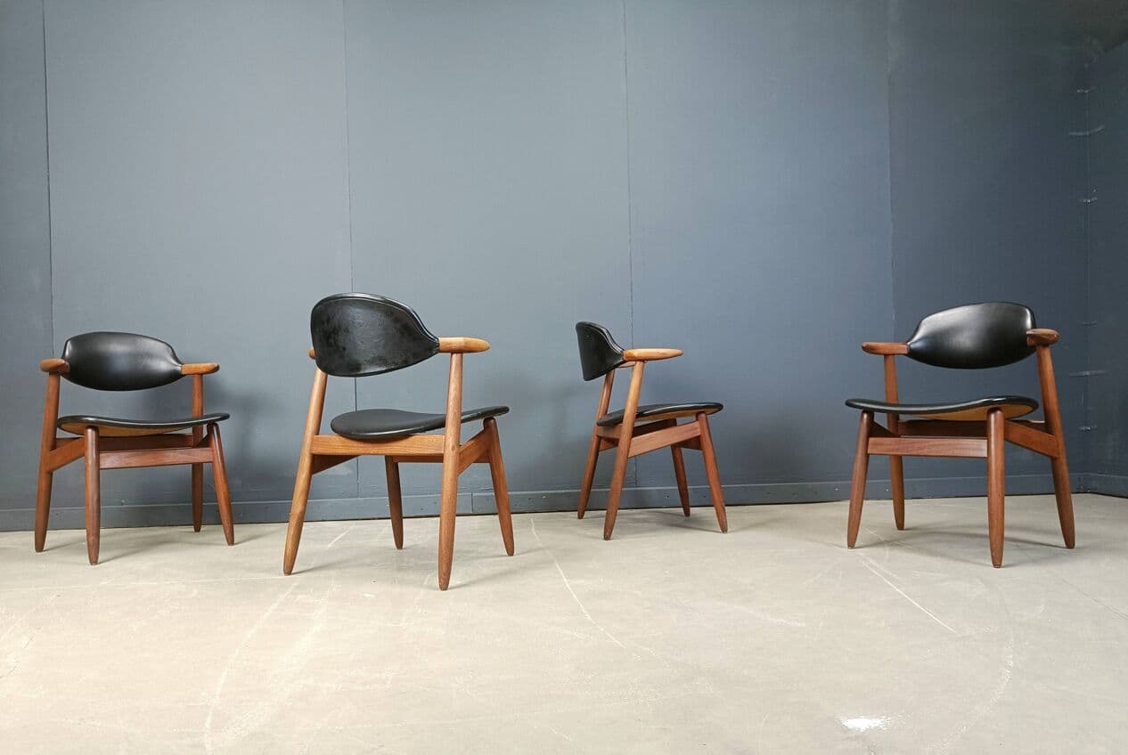 Set of four Cow Horn dining chairs, brown teak, black leatherette, Netherlands, 1960s. - 272080