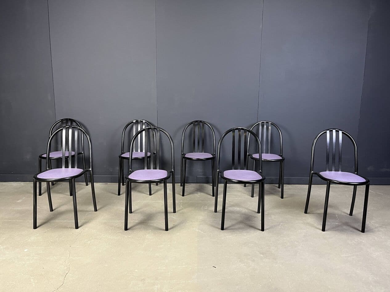 Set of eight chairs Nr 222, purple skai, black metal, by R. Mallet-Stevens, Italy, 1980s. - 272060