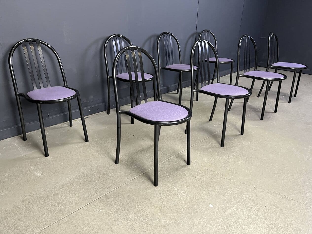 Set of eight chairs Nr 222, purple skai, black metal, by R. Mallet-Stevens, Italy, 1980s. - 272068