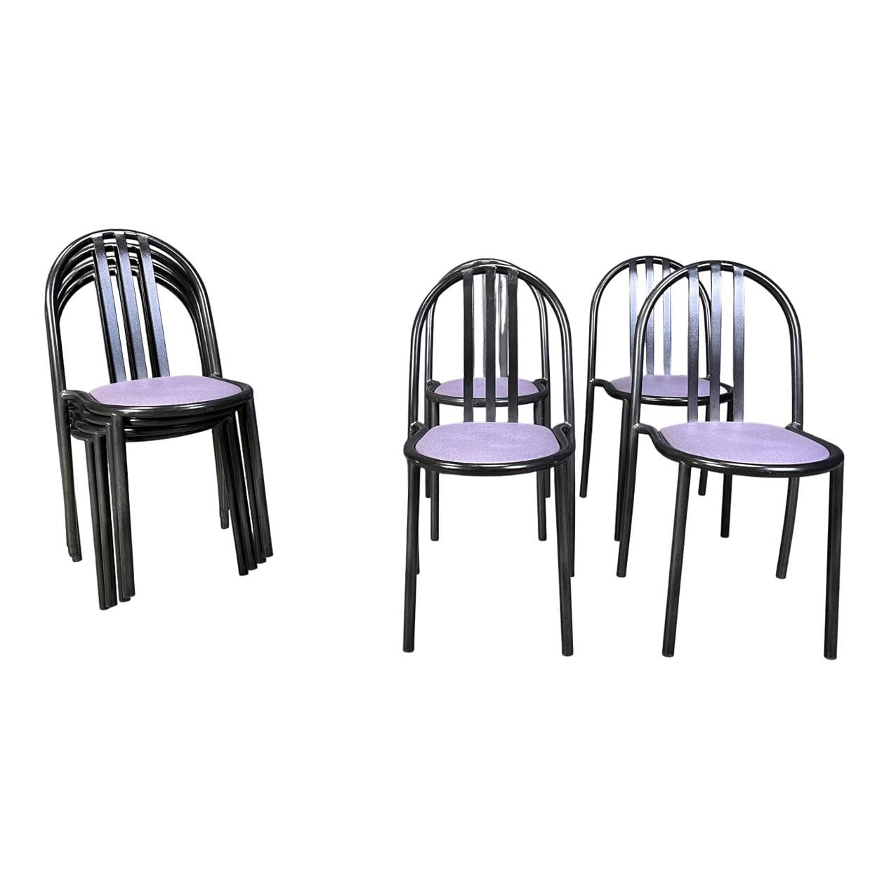 Set of eight chairs Nr 222, purple skai, black metal, by R. Mallet-Stevens, Italy, 1980s.