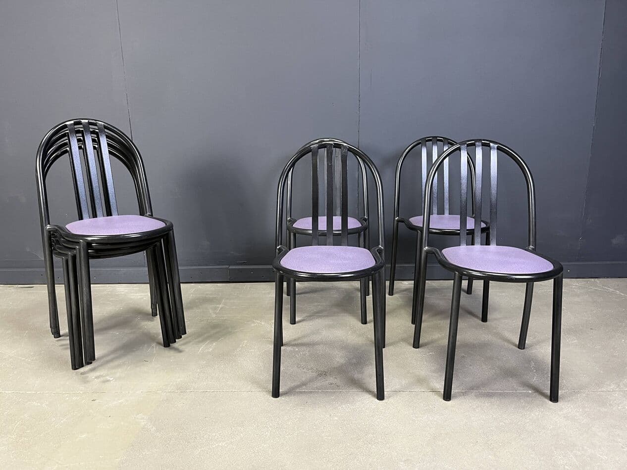 Set of eight chairs Nr 222, purple skai, black metal, by R. Mallet-Stevens, Italy, 1980s. - 272063