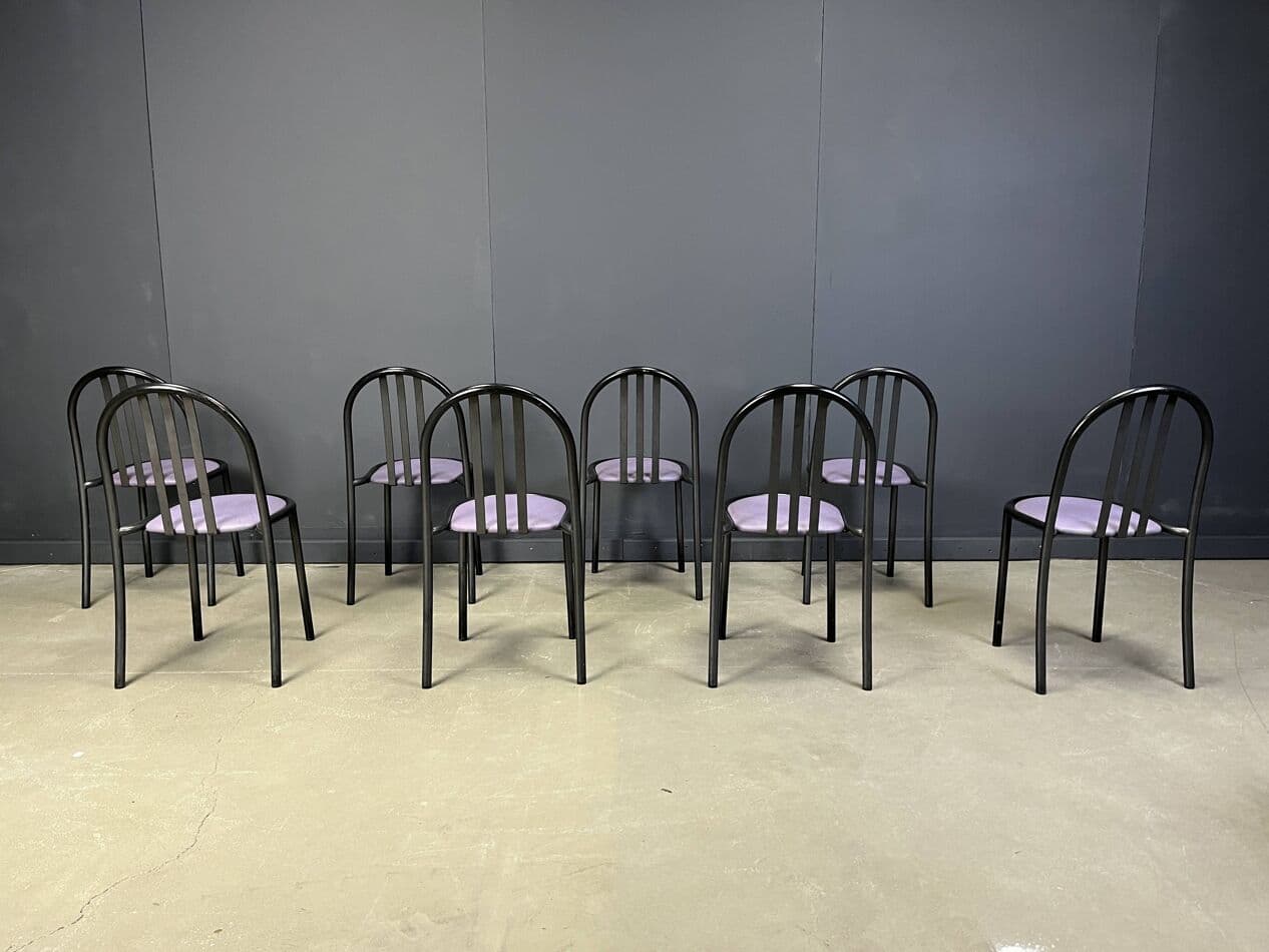 Set of eight chairs Nr 222, purple skai, black metal, by R. Mallet-Stevens, Italy, 1980s. - 272066