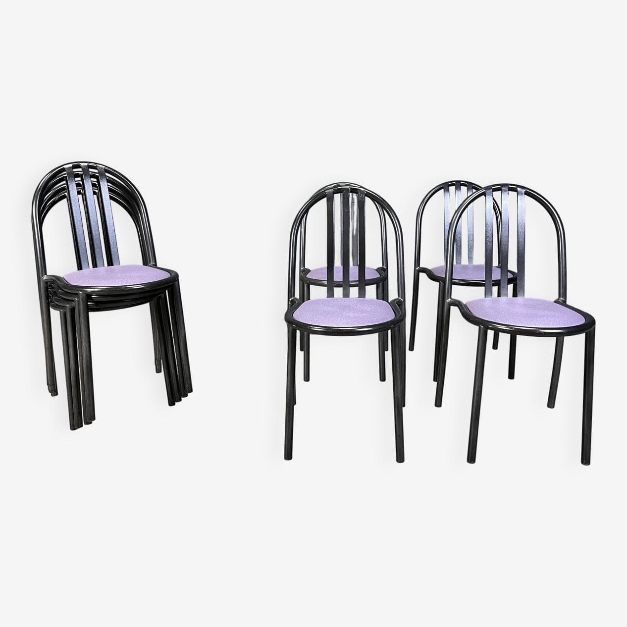 Set of eight chairs Nr 222, purple skai, black metal, by R. Mallet-Stevens, Italy, 1980s. - 272061
