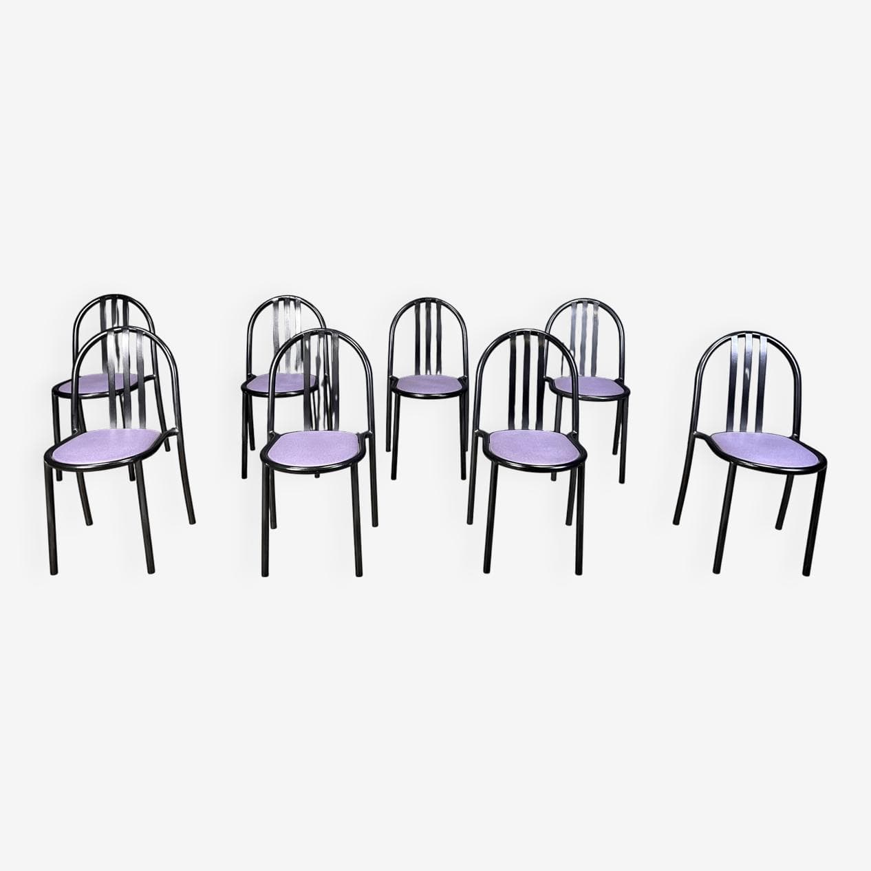 Set of eight chairs Nr 222, purple skai, black metal, by R. Mallet-Stevens, Italy, 1980s. - 272058