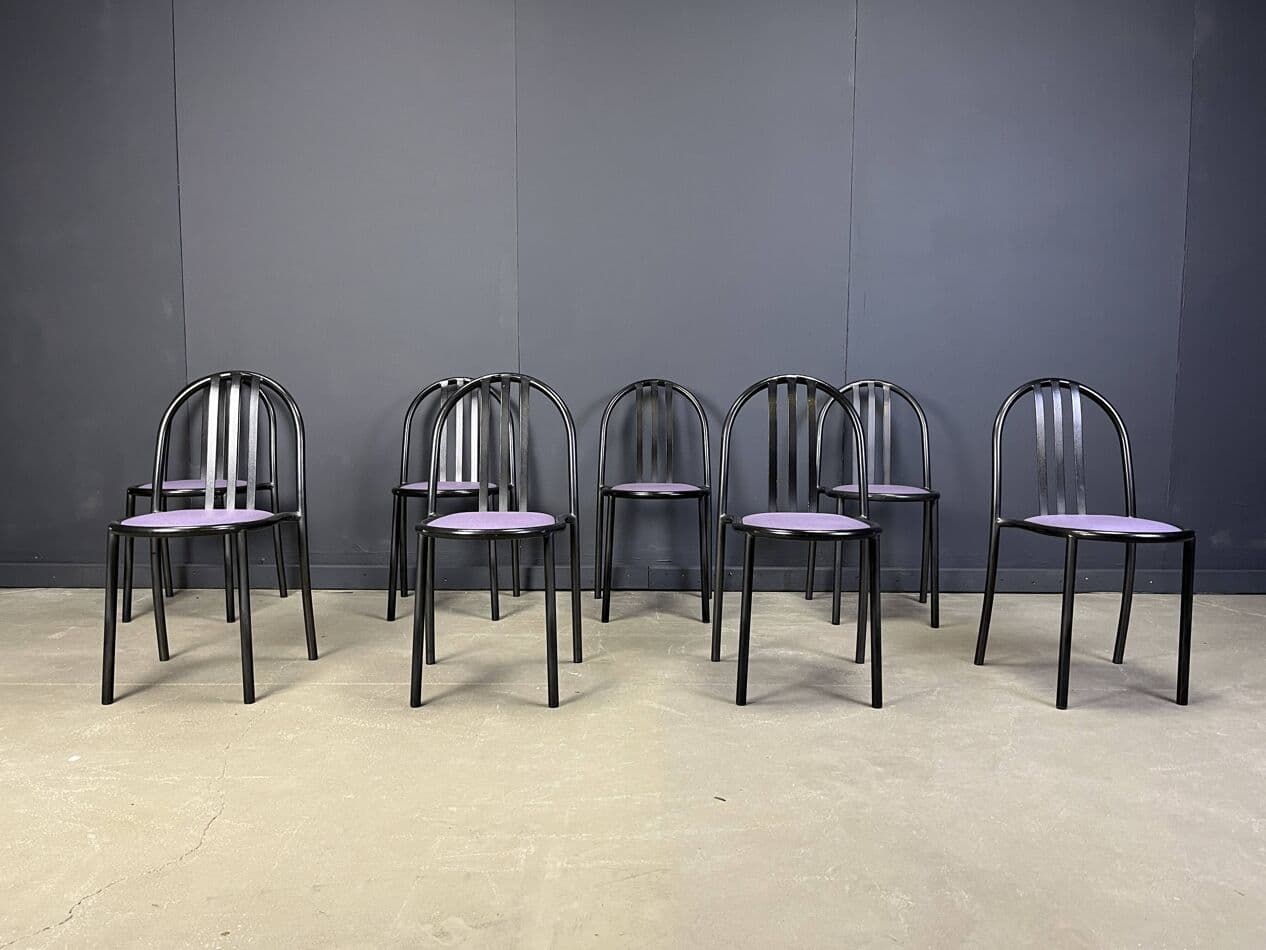 Set of eight chairs Nr 222, purple skai, black metal, by R. Mallet-Stevens, Italy, 1980s. - 272059