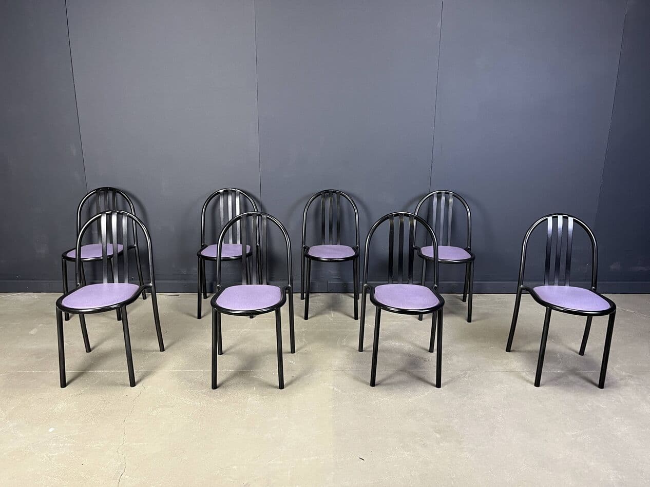 Set of eight chairs Nr 222, purple skai, black metal, by R. Mallet-Stevens, Italy, 1980s. - 272062