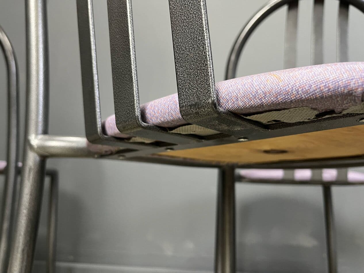 Set of eight chairs Nr 222, purple skai, black metal, by R. Mallet-Stevens, Italy, 1980s. - 272064