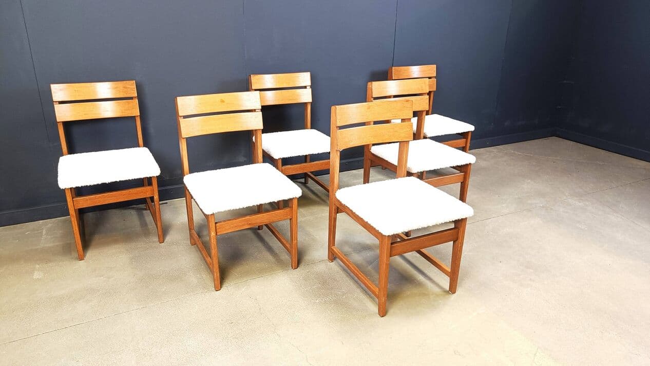 set of six brutalist dining chairs, brown wood, white bouclé, Germany, 1970s - 272025