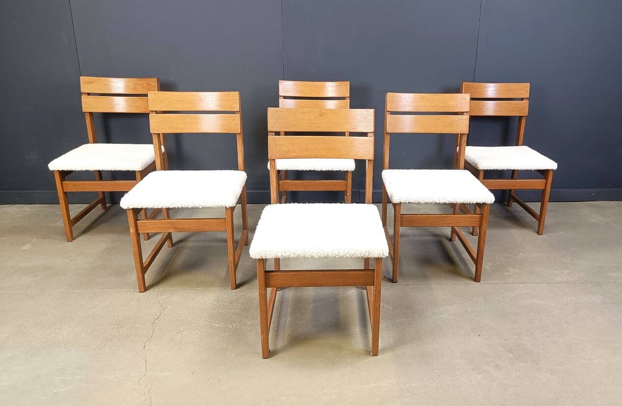set of six brutalist dining chairs, brown wood, white bouclé, Germany, 1970s - 272019