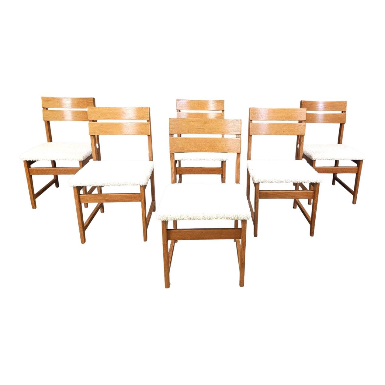 set of six brutalist dining chairs, brown wood, white bouclé, Germany, 1970s