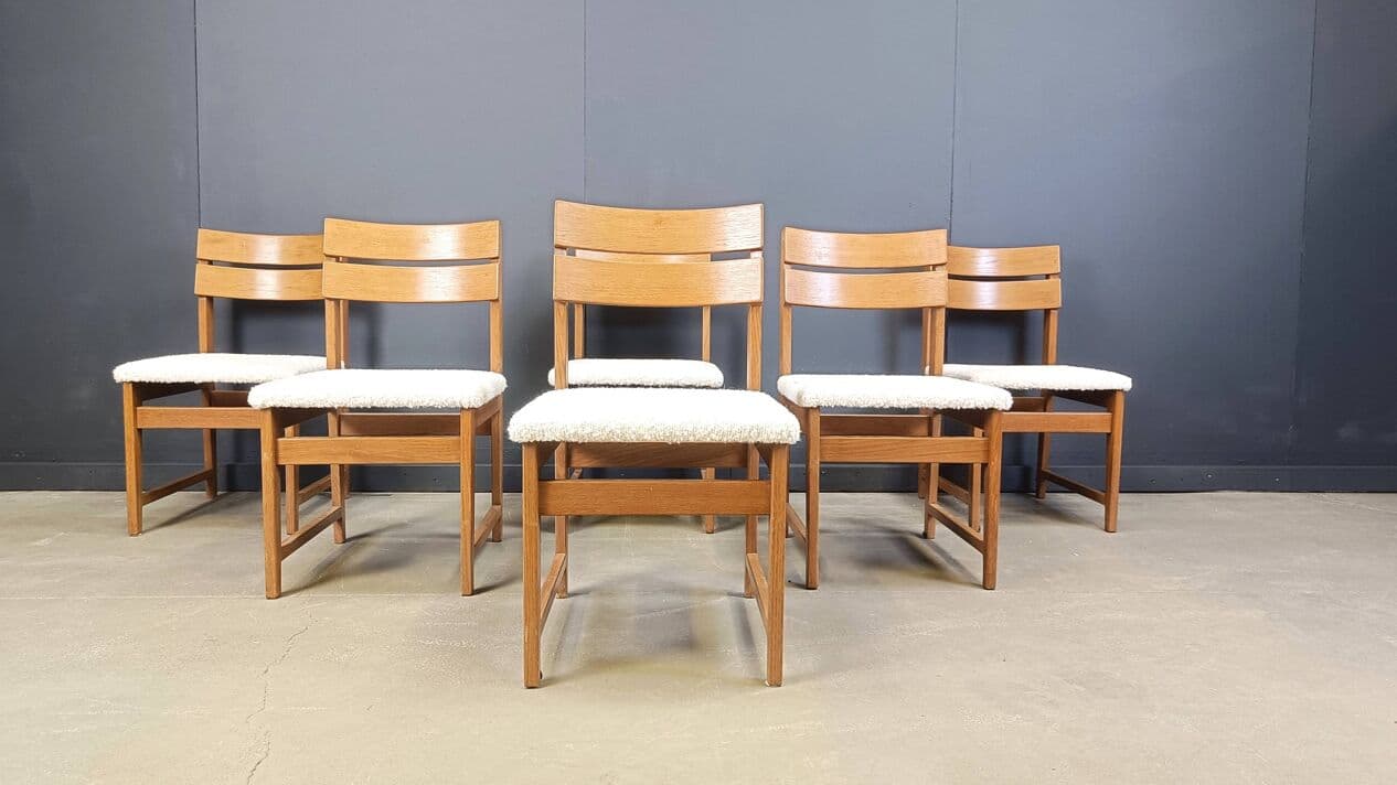 set of six brutalist dining chairs, brown wood, white bouclé, Germany, 1970s - 272022