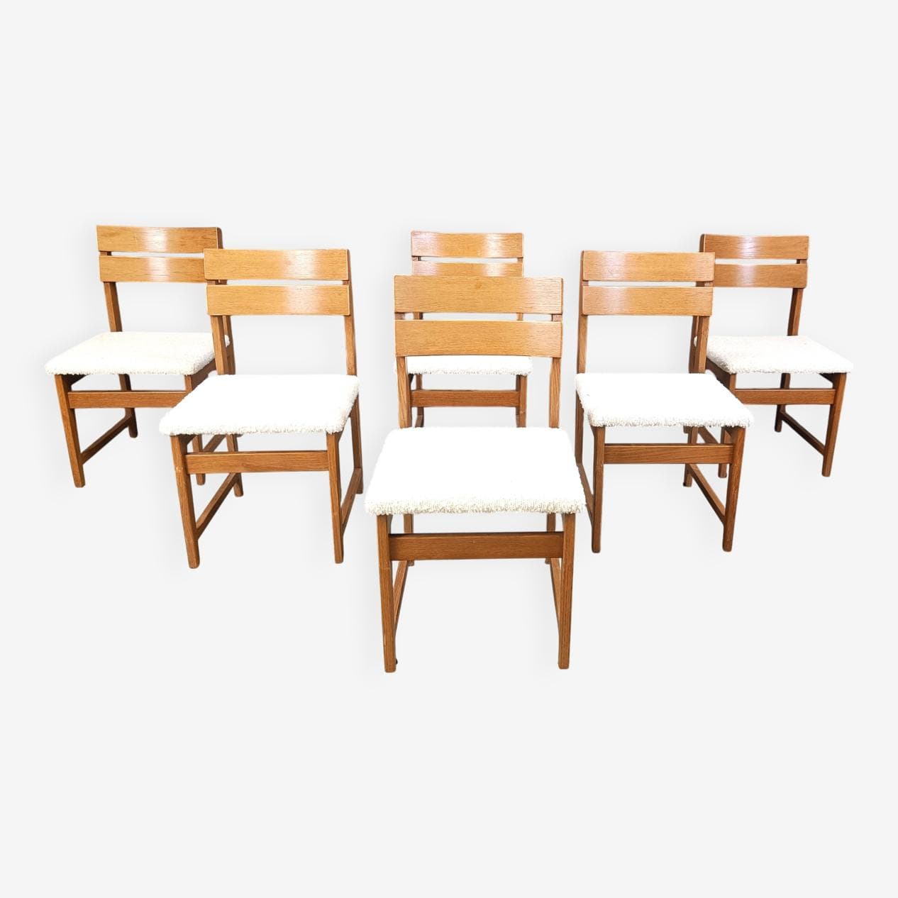 set of six brutalist dining chairs, brown wood, white bouclé, Germany, 1970s - 272020