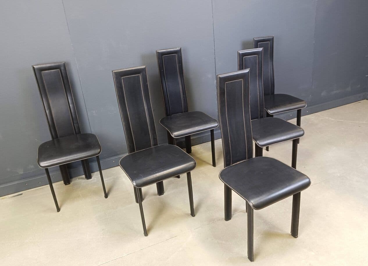 set of six postmodern dining chairs, black leather, Italy, 1980s - 272000