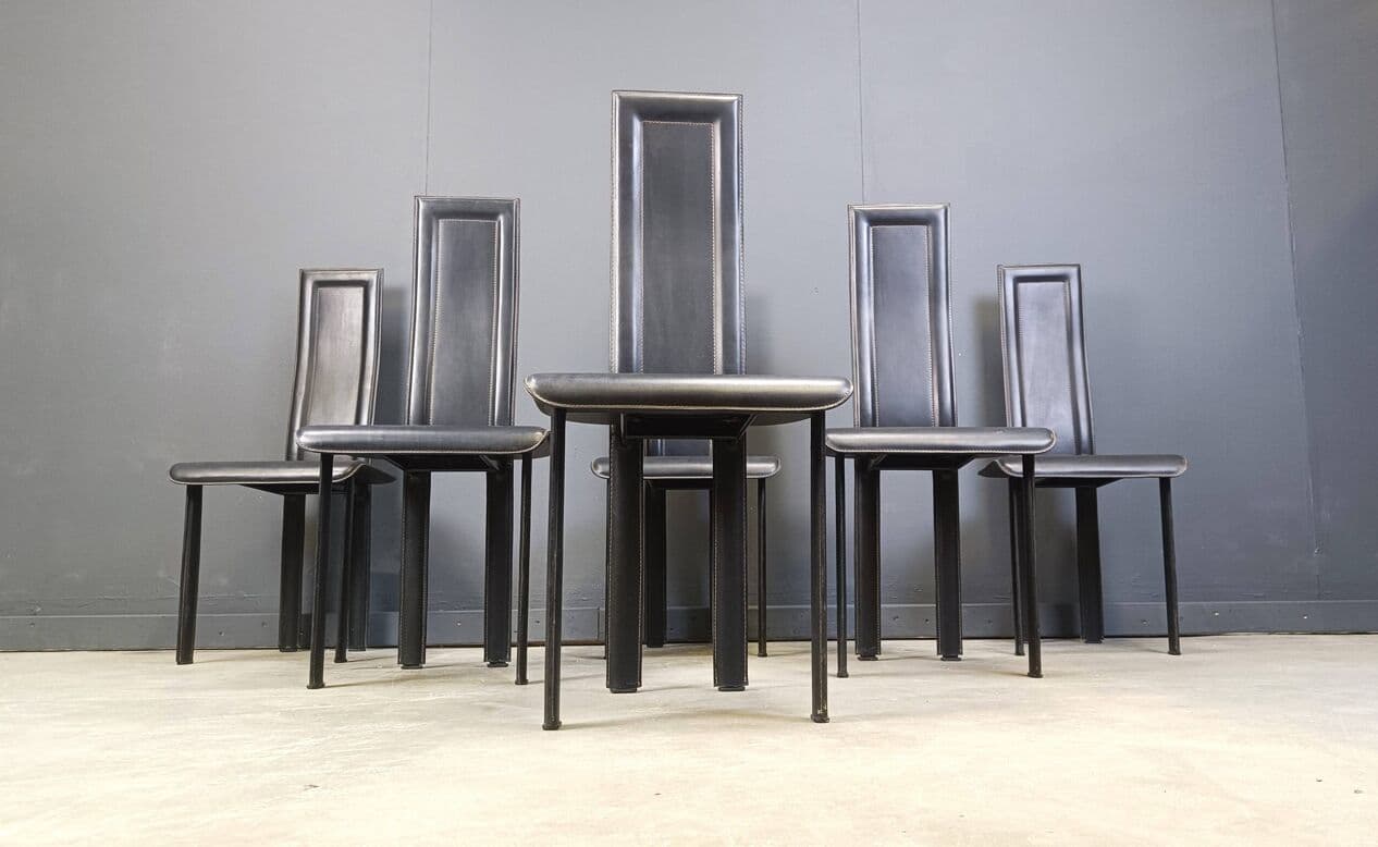 set of six postmodern dining chairs, black leather, Italy, 1980s - 271999
