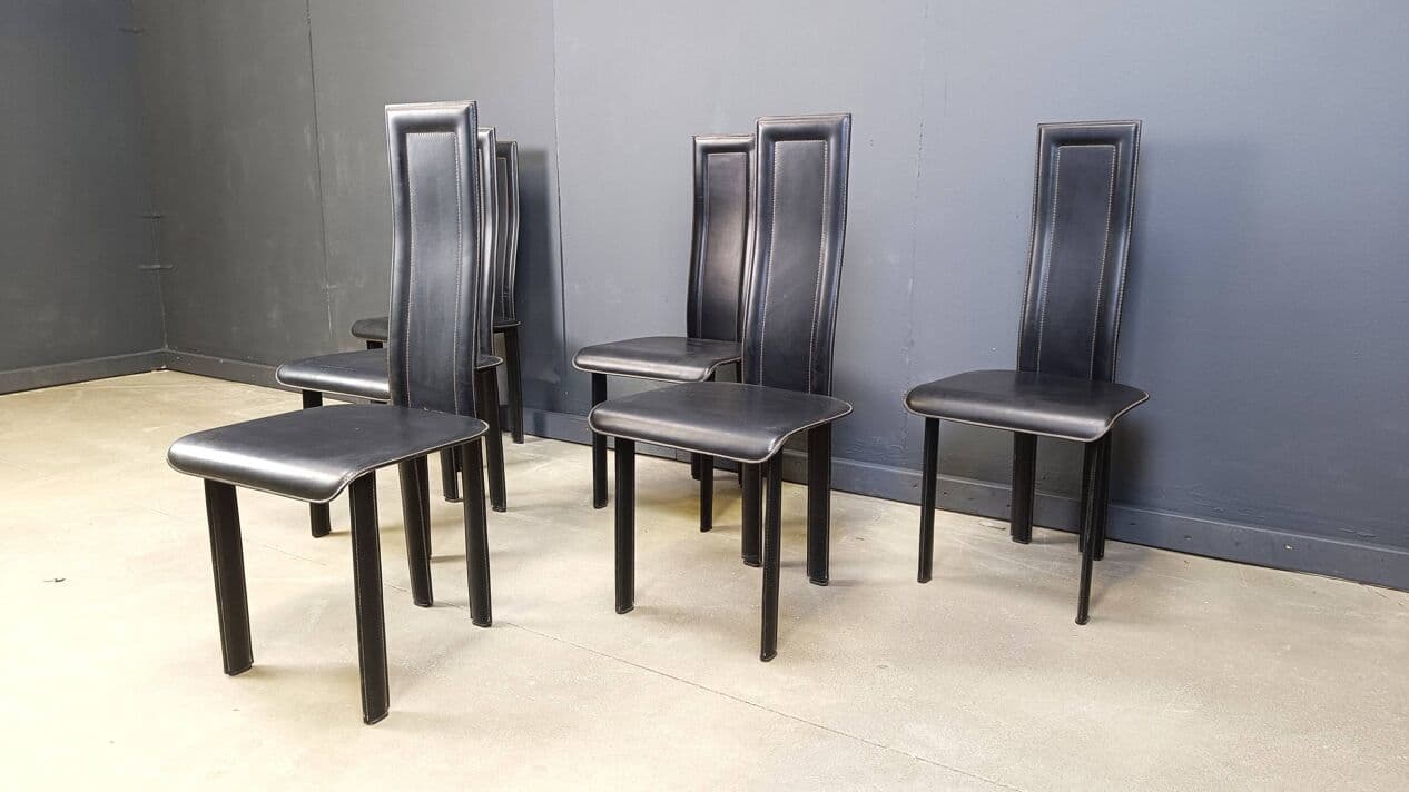set of six postmodern dining chairs, black leather, Italy, 1980s - 272001
