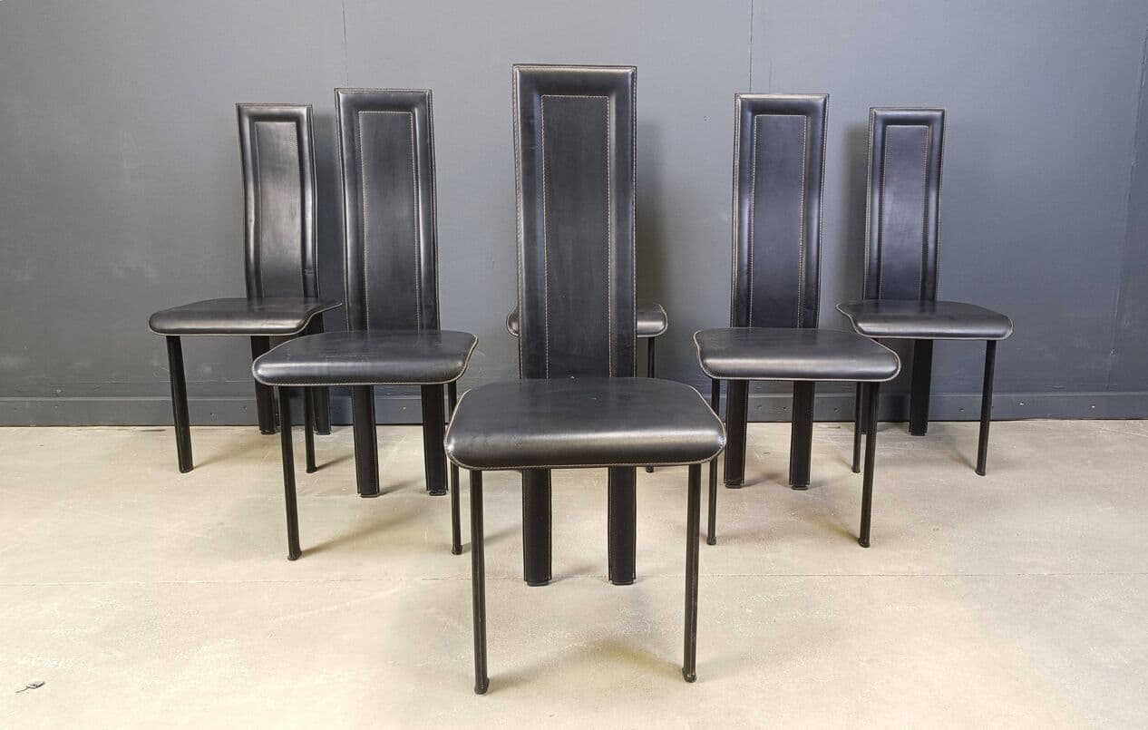 set of six postmodern dining chairs, black leather, Italy, 1980s - 271997