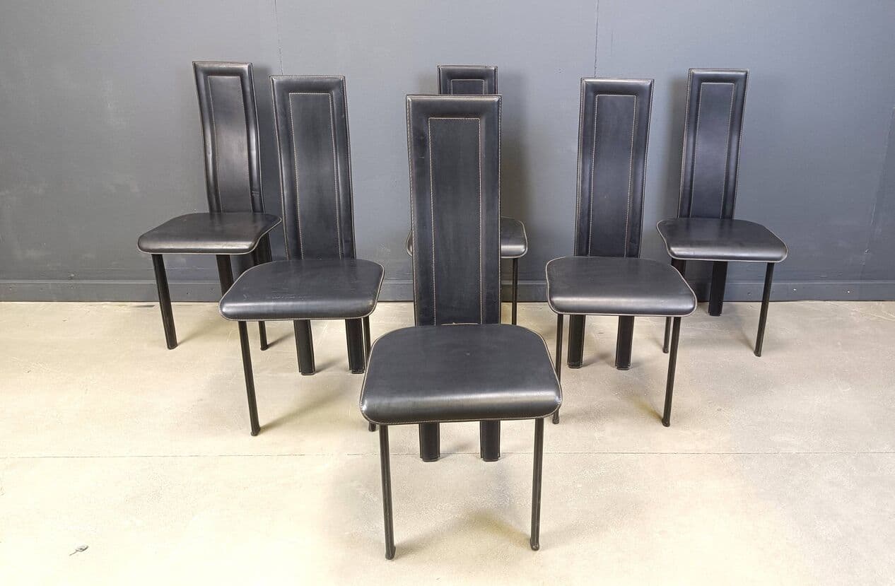 set of six postmodern dining chairs, black leather, Italy, 1980s - 271994