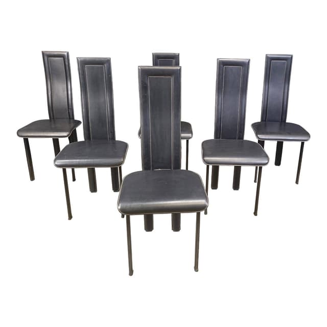 set of six postmodern dining chairs, black leather, Italy, 1980s - DIMENSION