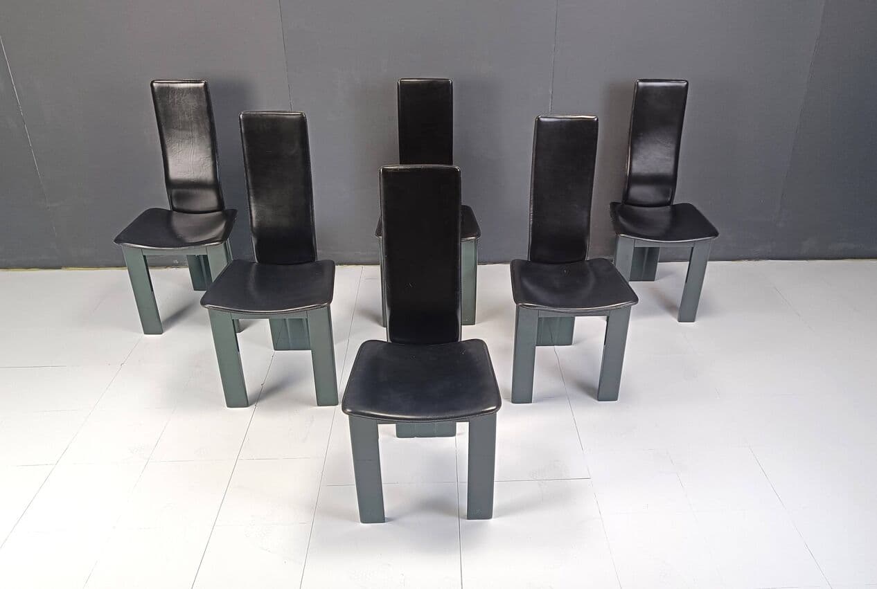 set of six chairs, black leather, green lacquered wood, Italy, 1980s - 271889