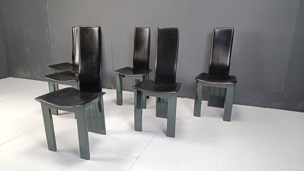 set of six chairs, black leather, green lacquered wood, Italy, 1980s - 271898
