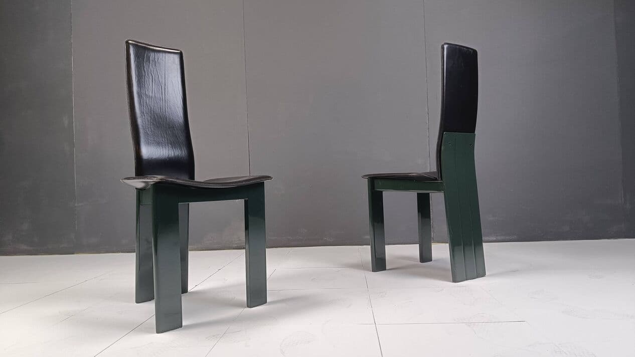 set of six chairs, black leather, green lacquered wood, Italy, 1980s - 271900