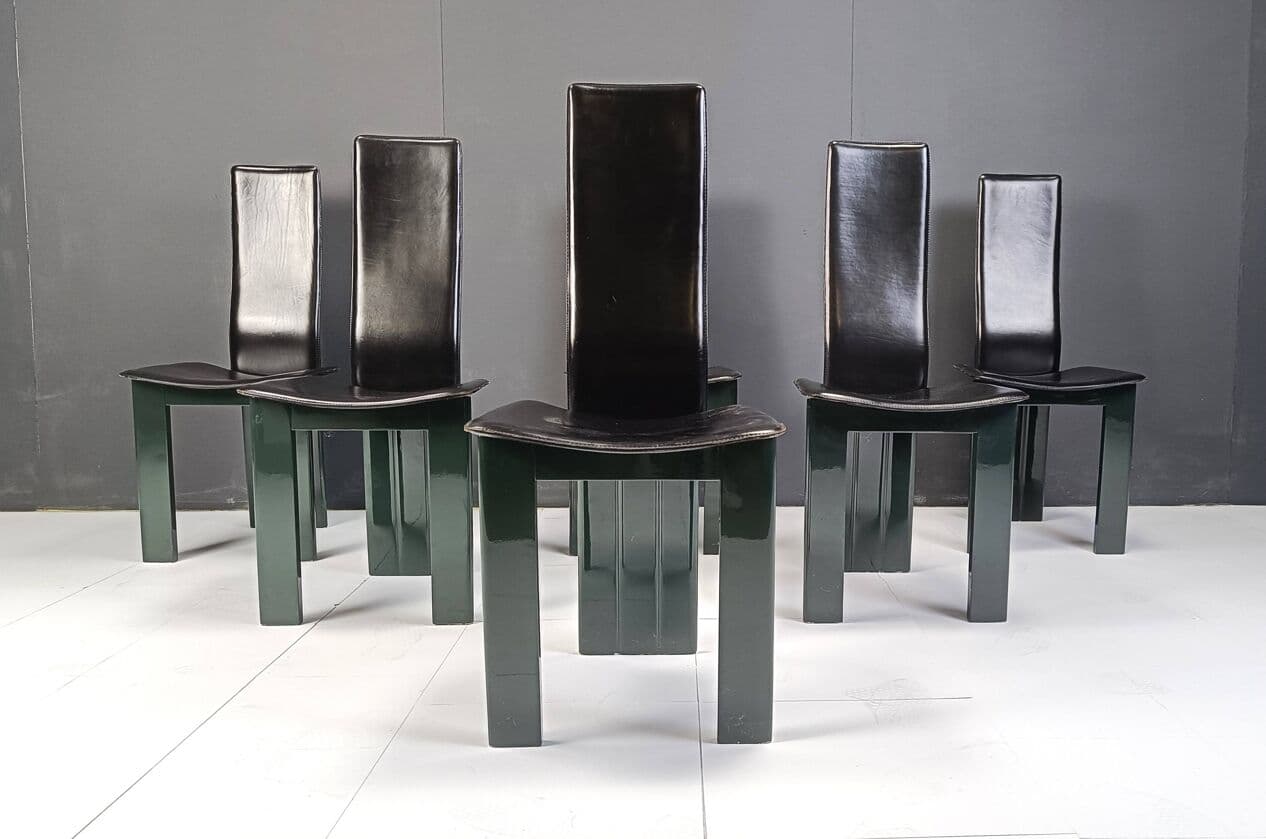 set of six chairs, black leather, green lacquered wood, Italy, 1980s - 271894
