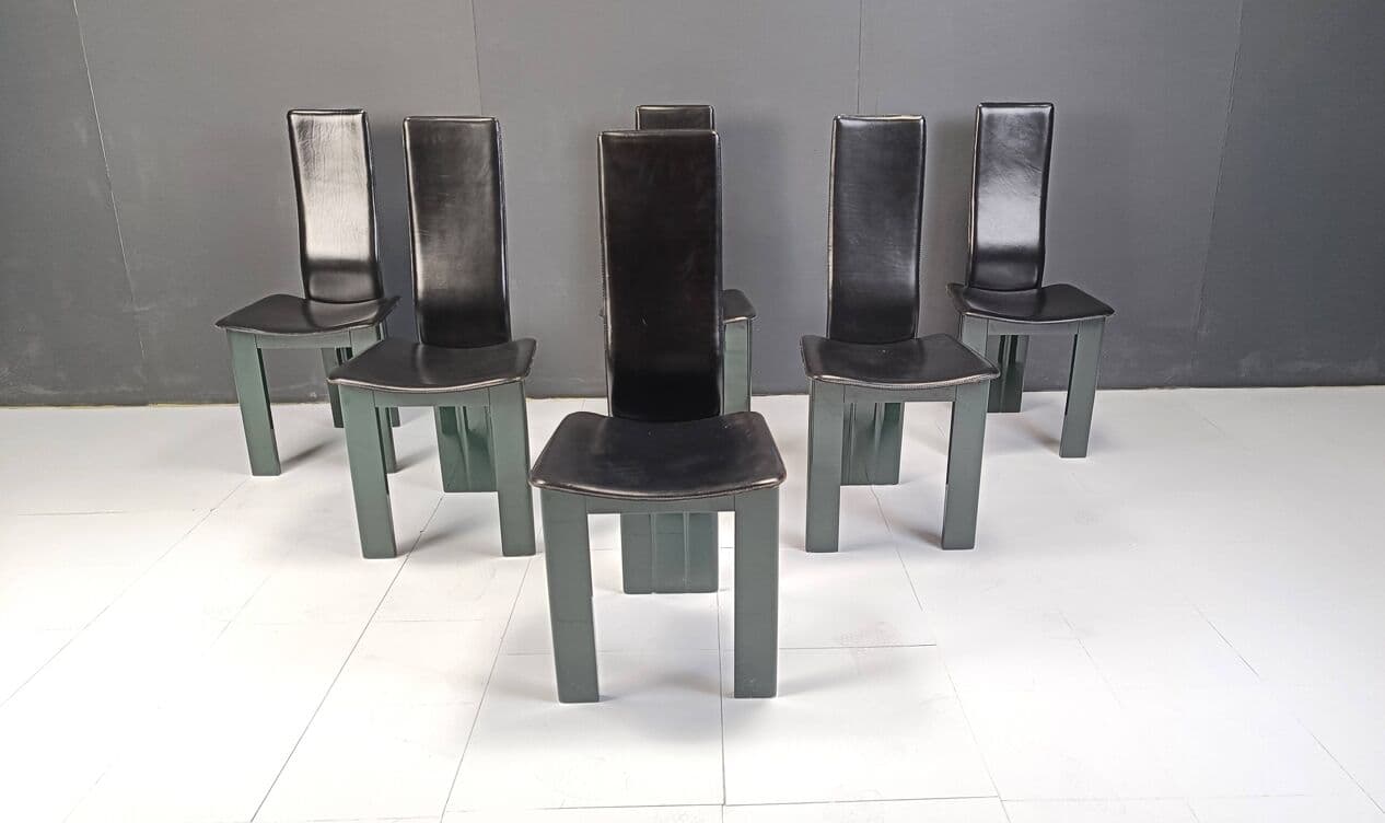 set of six chairs, black leather, green lacquered wood, Italy, 1980s - 271893