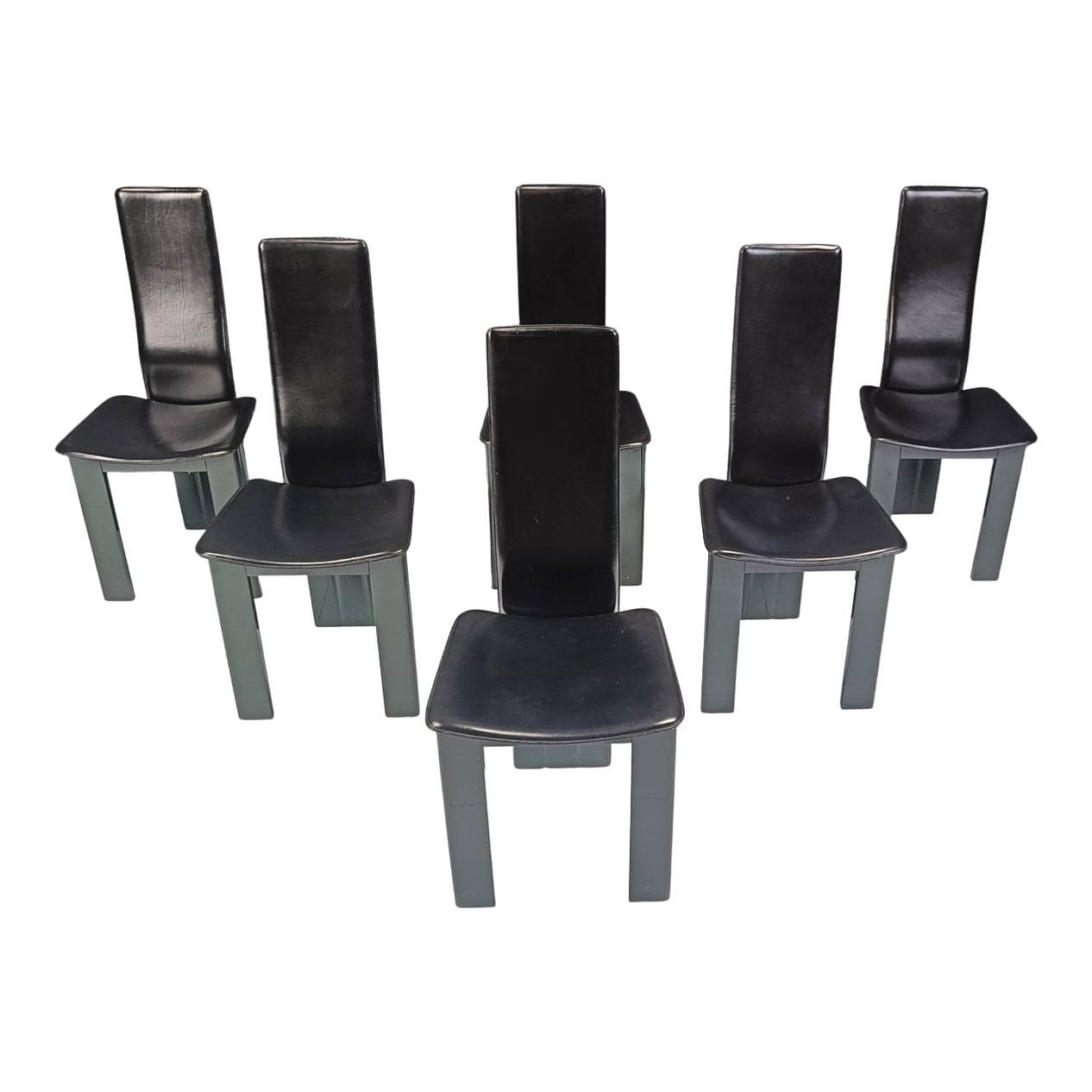 set of six chairs, black leather, green lacquered wood, Italy, 1980s