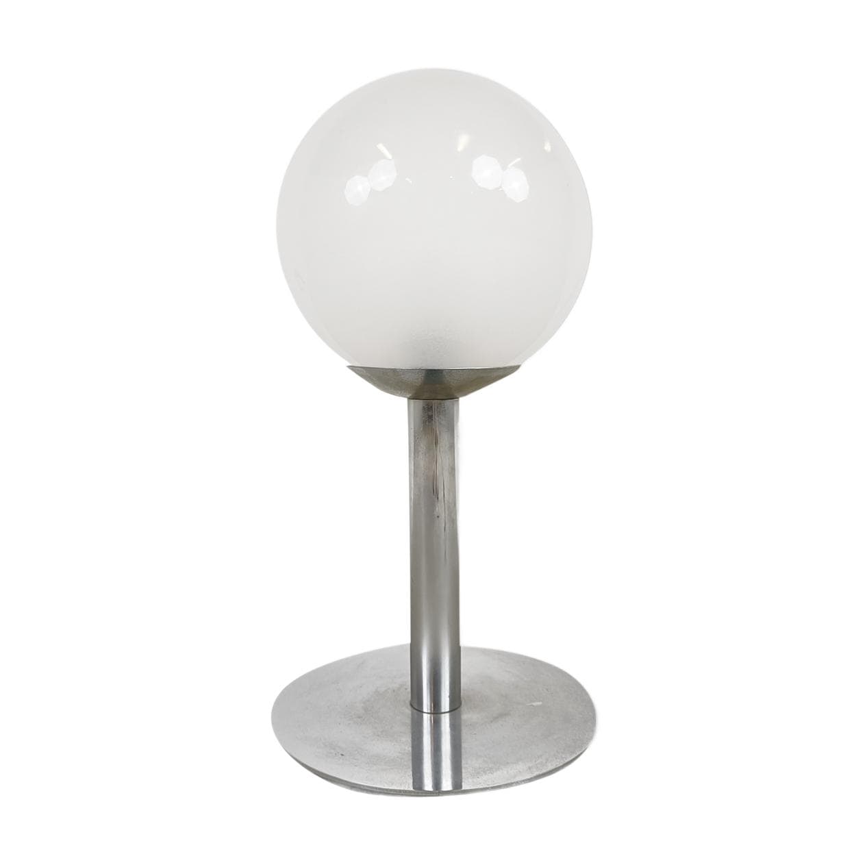 Lampa stołowa, szkło mlecznobiałe, chrom szary, Włochy, lata 60.