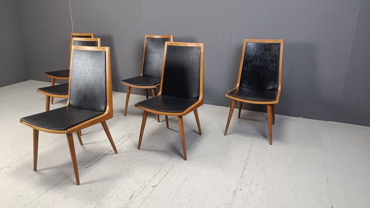 komplet 6 krzeseł jadalnianych, drewno, czarna tkanina, Włochy, lata 50. - 271713