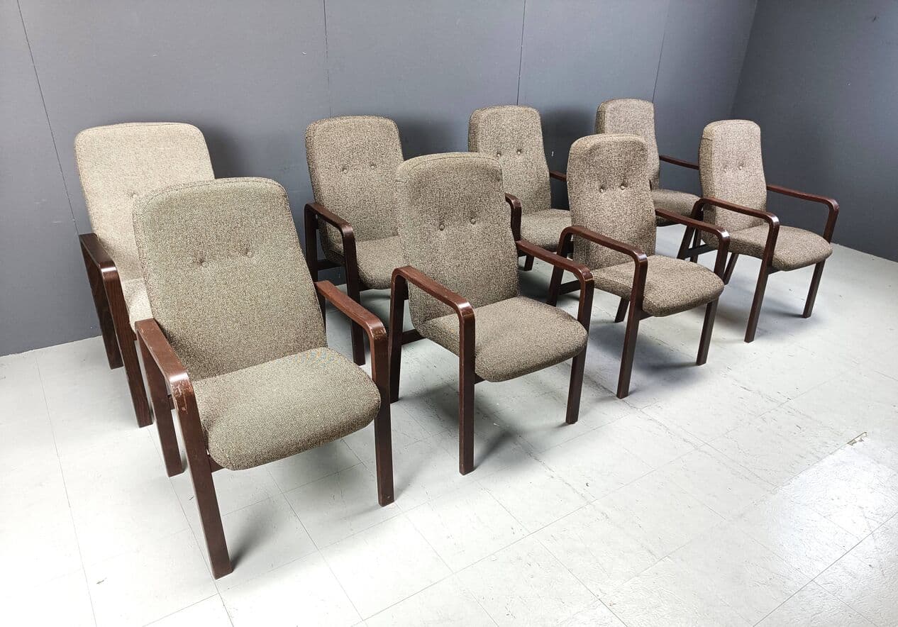 komplet krzeseł z podłokietnikami, sklejka gięta, tkanina szara, Niemcy, lata 80. - 271666