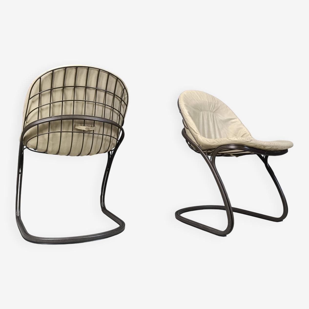 zestaw pięciu krzeseł jadalnianych Pascale, skóra beżowa, metal ciemnobrązowy, proj. G. Rinaldi, Włochy, lata 70. - 271609