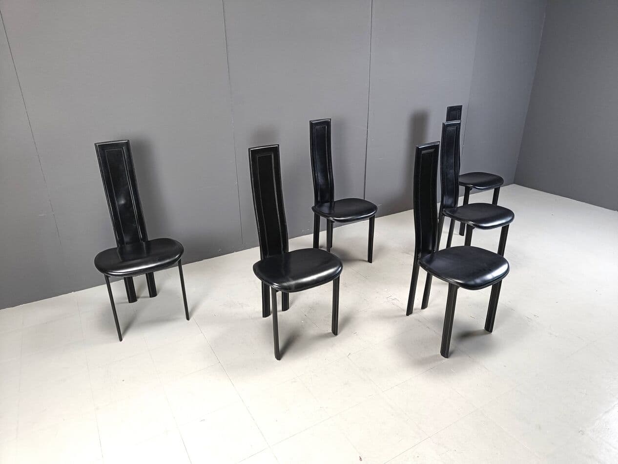 Komplet krzeseł do jadalni, postmodernistyczne, skóra czarna, metal czarny, Cattelan Italy, Włochy, lata 80. - 271434