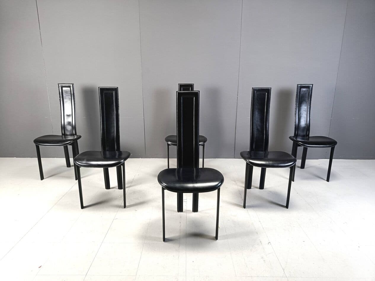 Komplet krzeseł do jadalni, postmodernistyczne, skóra czarna, metal czarny, Cattelan Italy, Włochy, lata 80. - 271430