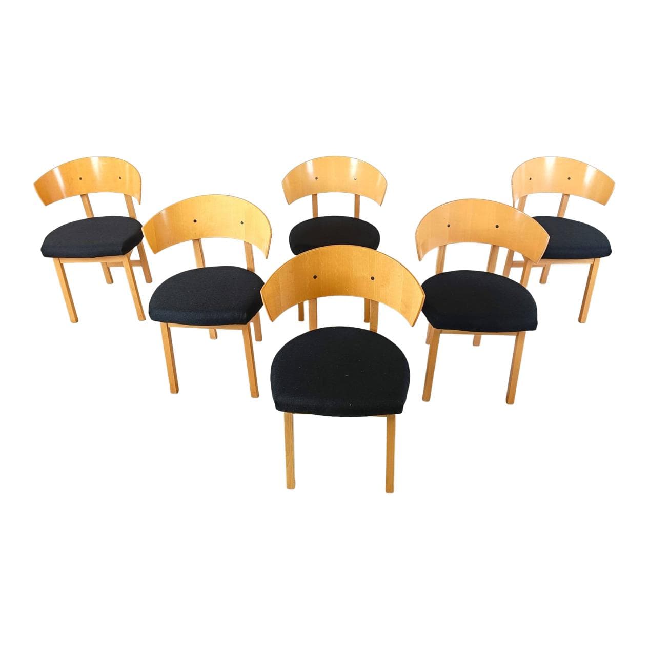 Zestaw sześciu krzeseł jadalnianych, buk miodowy, tkanina czarna, proj. N. Gammelgaard, Ikea, Szwecja, lata 90.