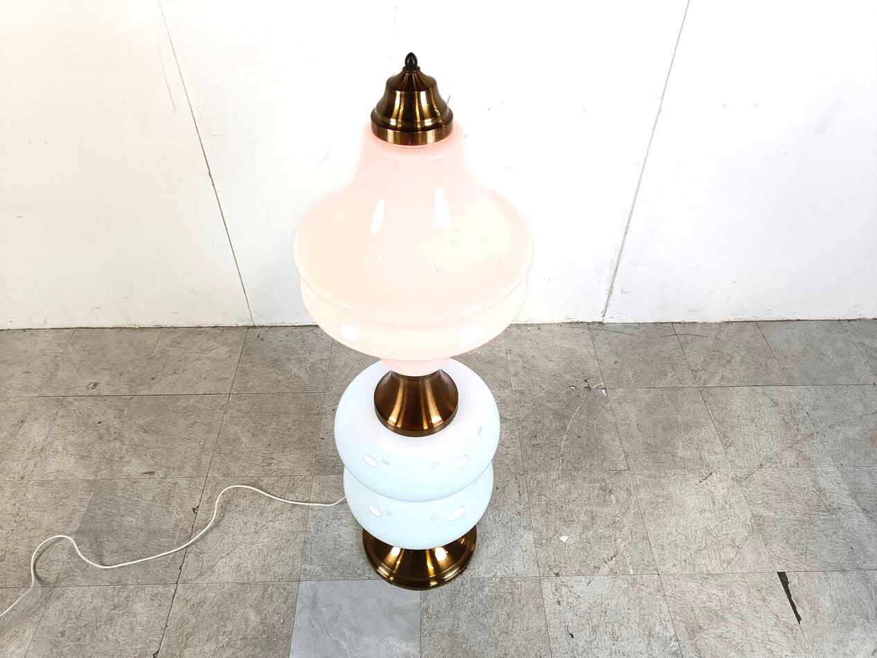 Lampa podłogowa, szkło Murano pastelowy róż i miętowy, mosiądz, Mazzega, Włochy, lata 60. - 270725