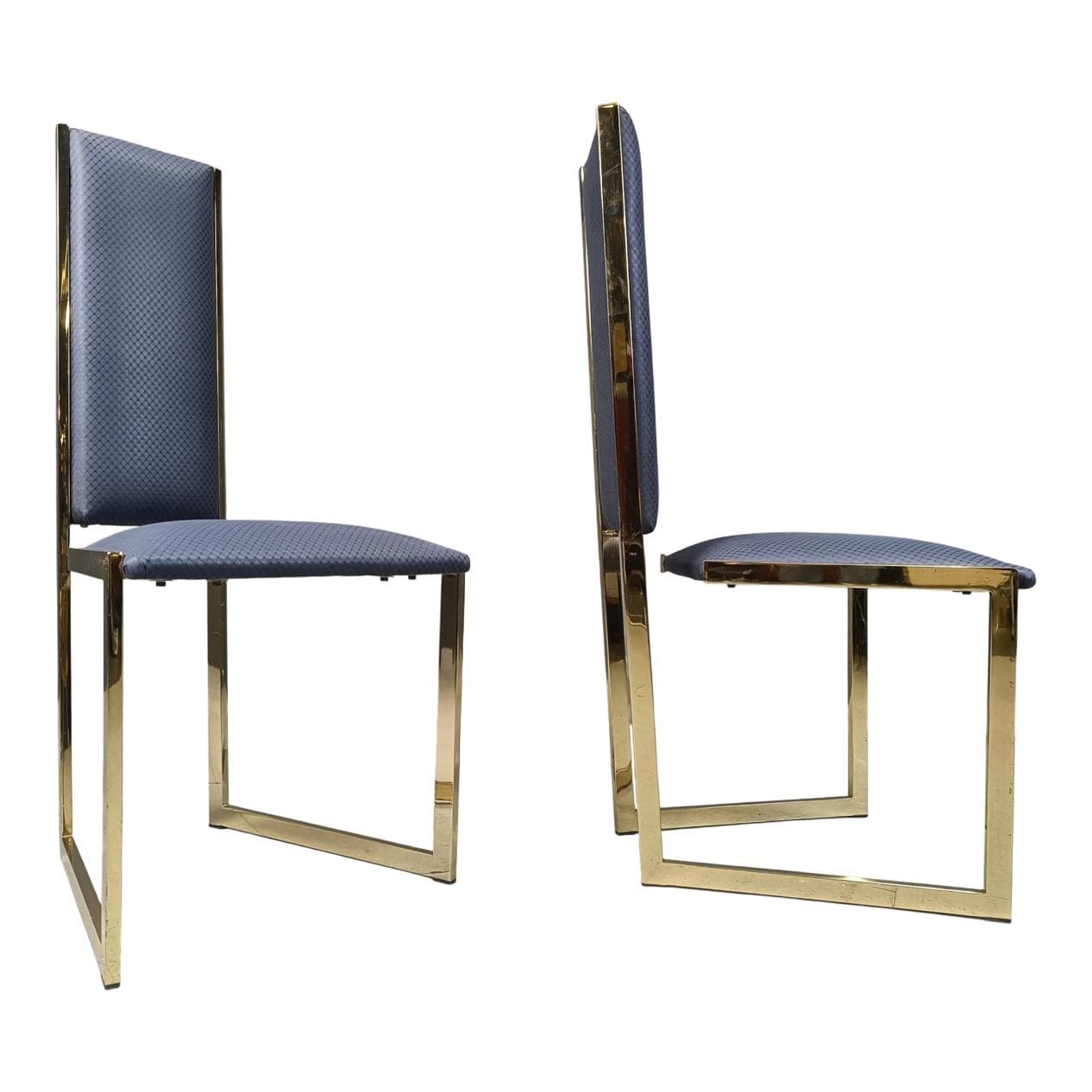 zestaw sześciu krzeseł jadalnianych, niebieski, mosiądz, Belgia, lata 70.