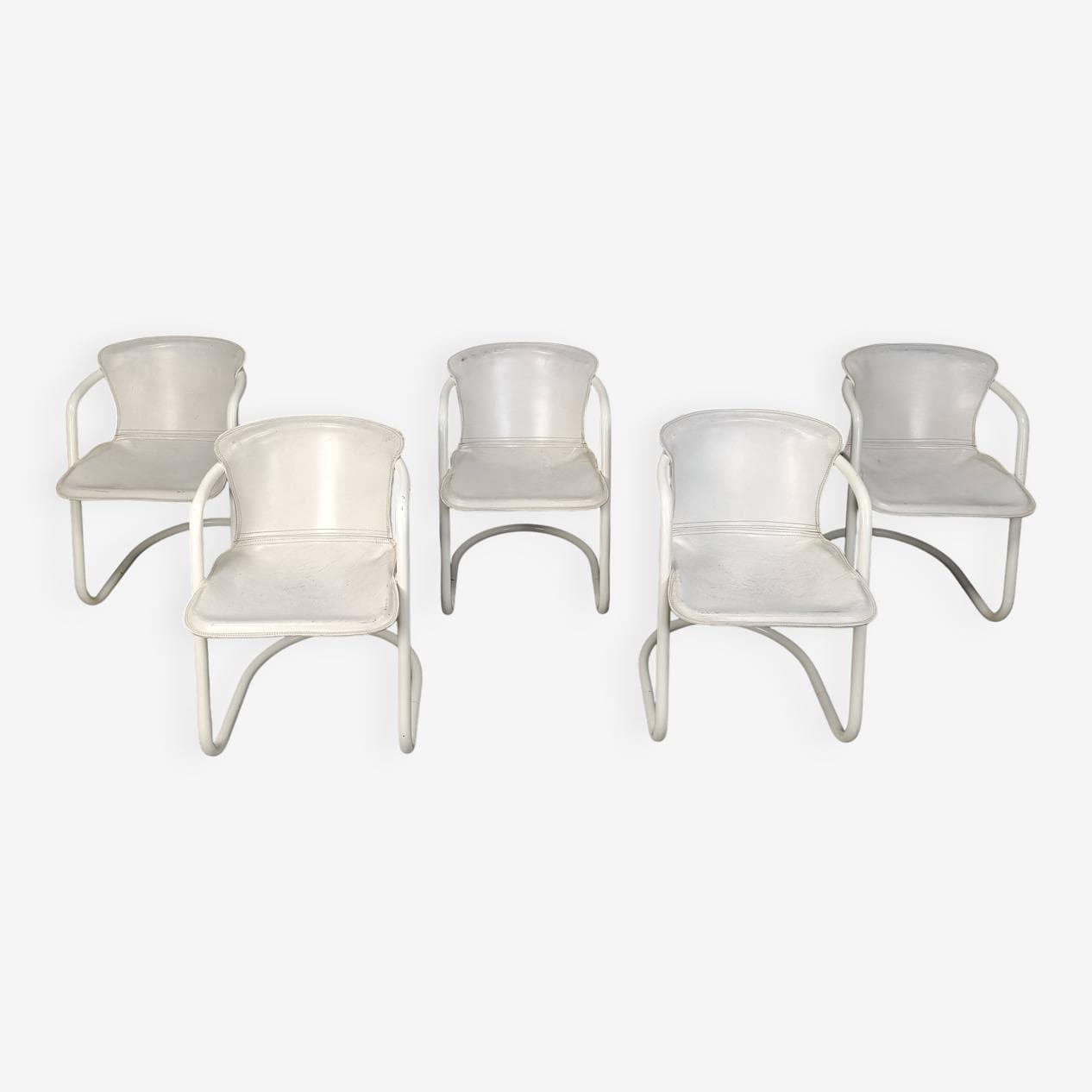 zestaw pięciu krzeseł jadalnianych, biały, metal, skóra, Holandia, lata 70. - 270640