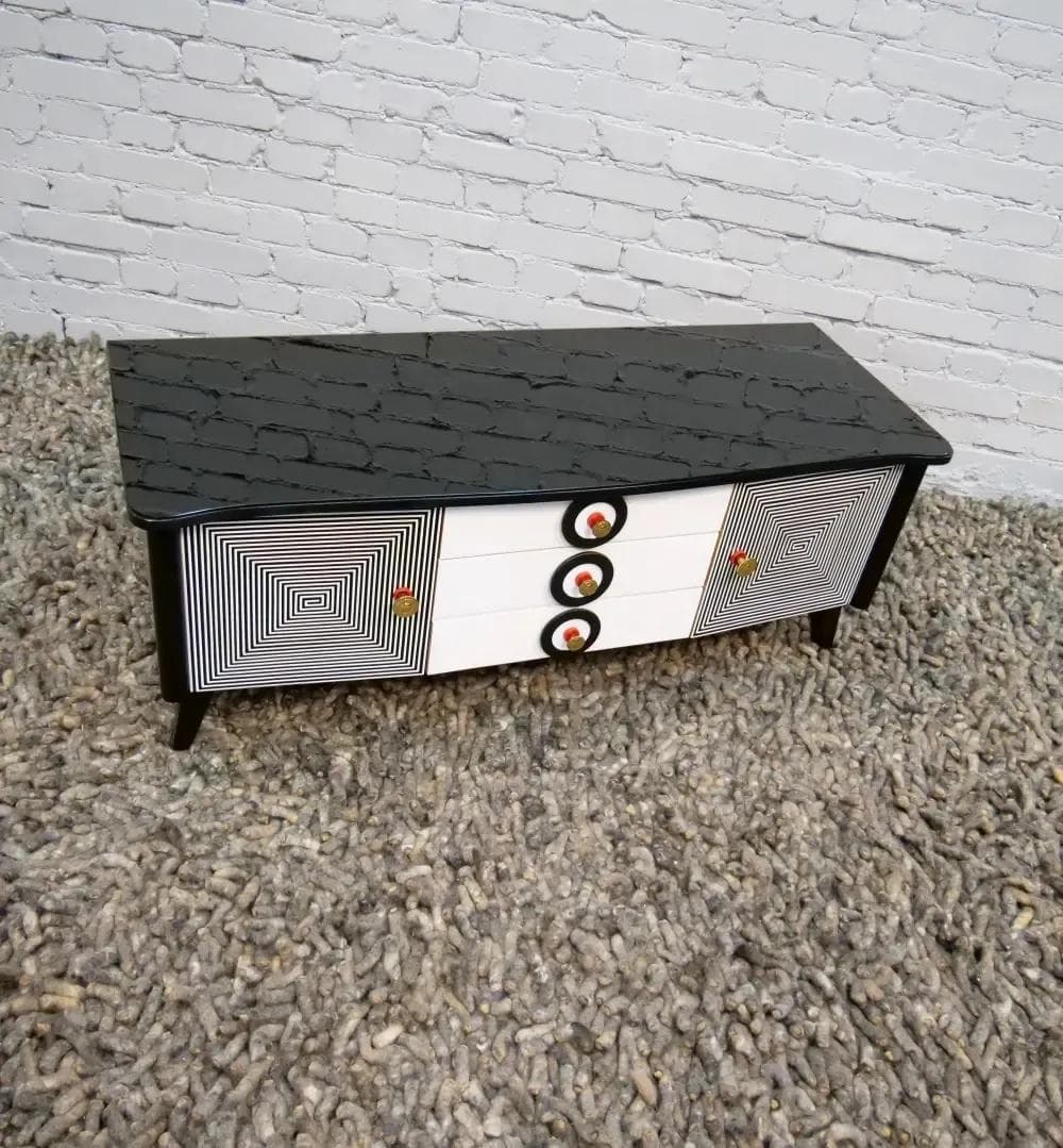 Komoda modernistyczna, czarny biały, drewno szkło, Polska, lata 60. - 19271